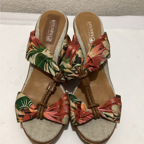 Sperry Top Sider Sandal Size 8.5M Tropical Print  Cork Wedge Slip On - Picture 4 of 9